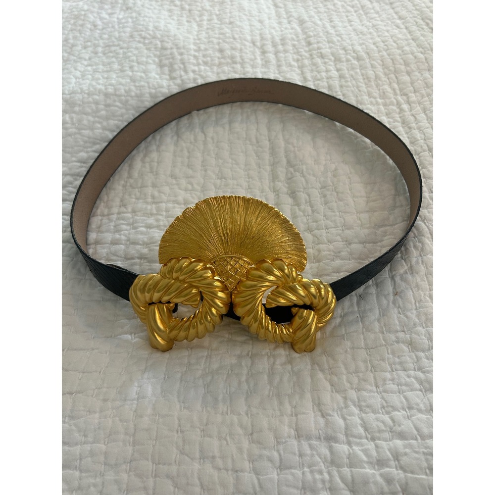 Margarita Barrera Vintage 1994 Gold Sculptural Buckle Black Belt XL 39 Inch